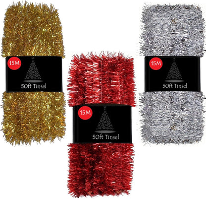 50Ft Tinsel Garland for Christmas Tree Decorations Xmas Thick Metallic Sparkly Foil Long Wide Stairs Crafts (Gold)