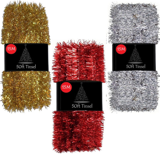 50Ft Tinsel Garland for Christmas Tree Decorations Xmas Thick Metallic Sparkly Foil Long Wide Stairs Crafts (Gold)