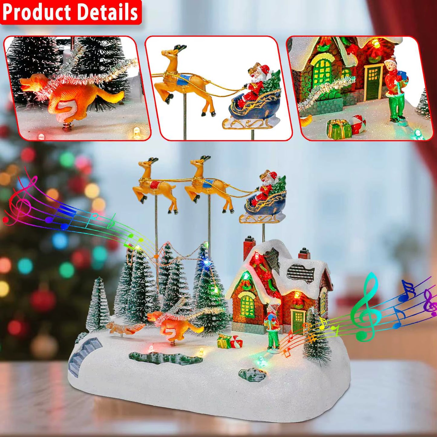 Animated Santa Sleigh Christmas Village Decoration Music Light-Up Building Accessories Snots on the Run Figurine for Indoor Use