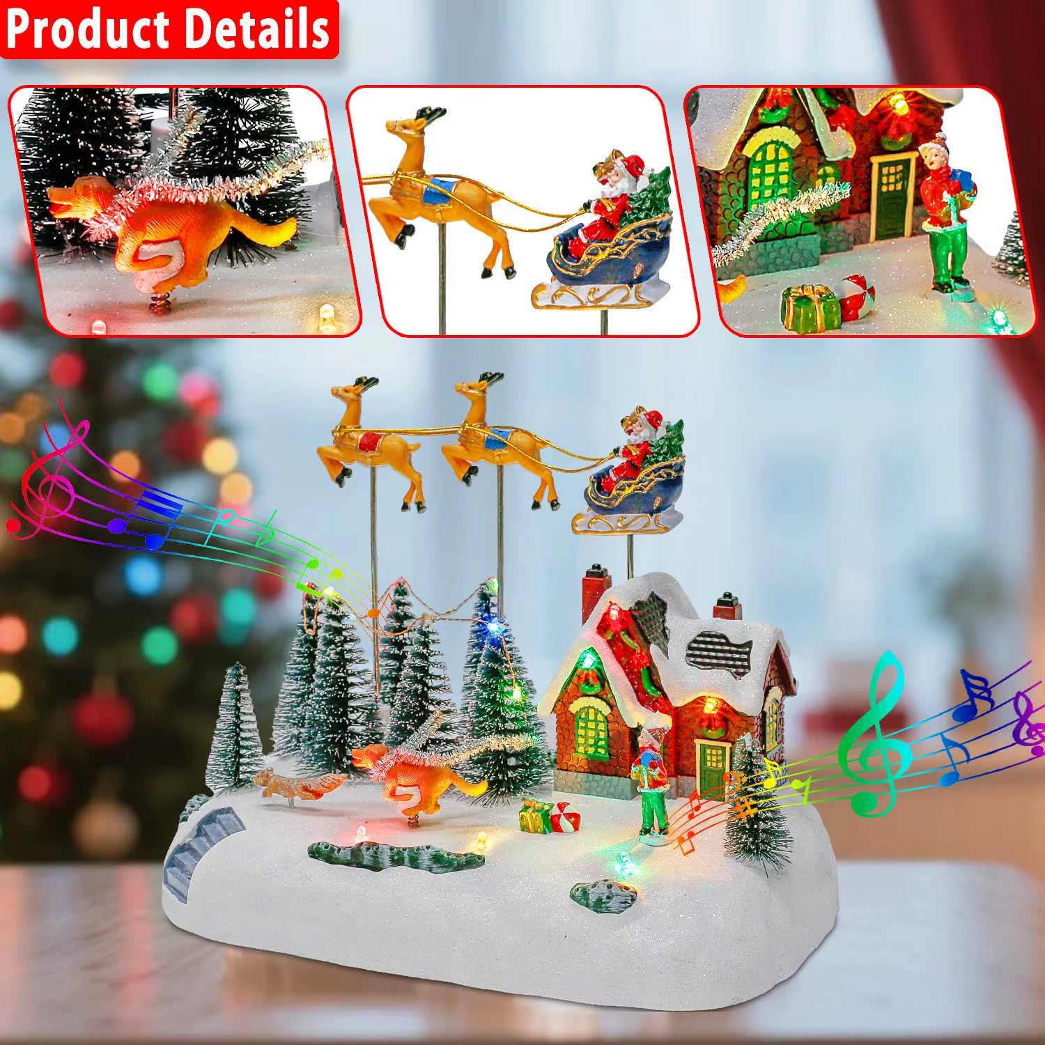Animated Santa Sleigh Christmas Village Decoration Music Light-Up Building Accessories Snots on the Run Figurine for Indoor Use