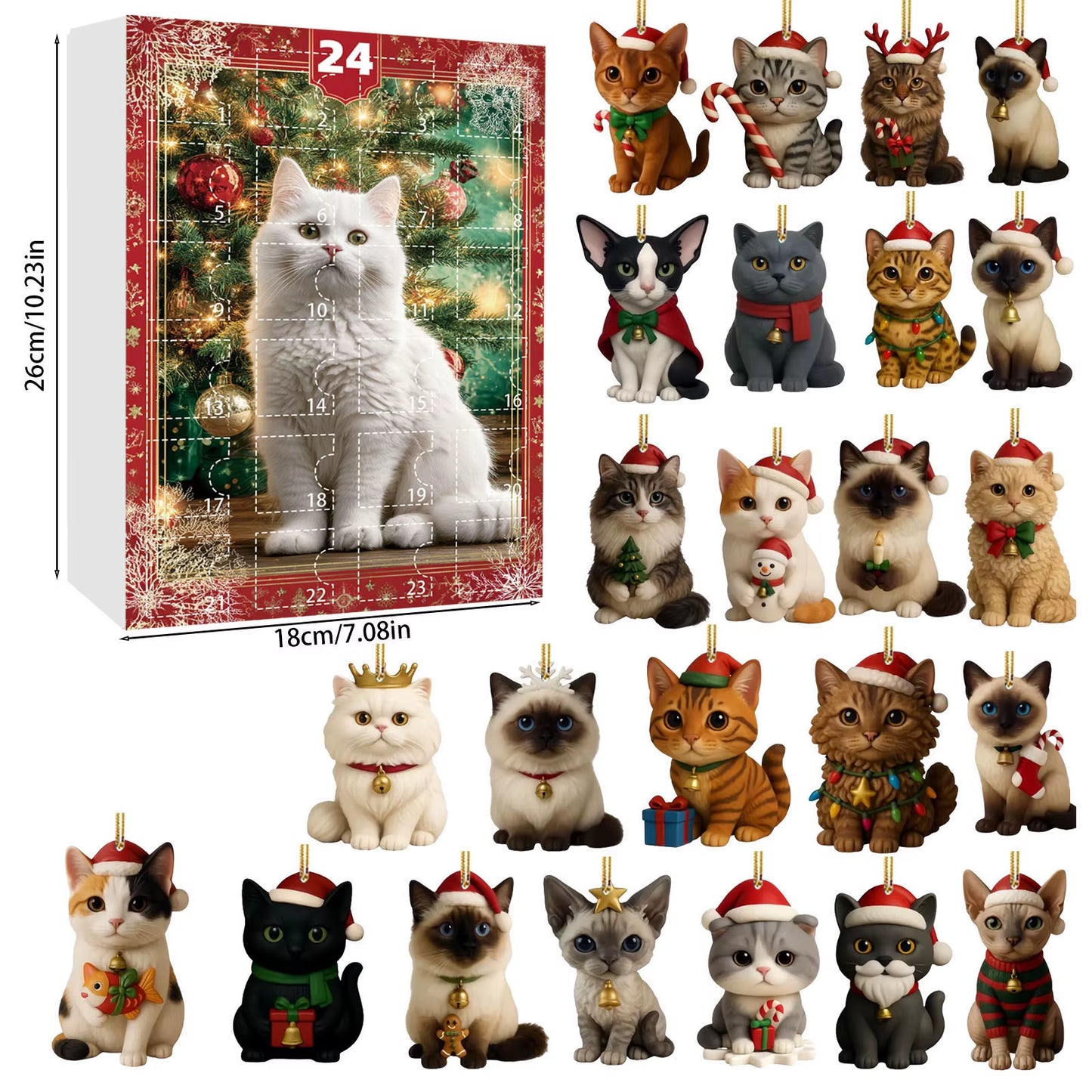 Cat Advent Calendar 2025 24 Days Christmas Countdown with 24 Different Breeds 2D Acrylic Cute Kitten Christmas Tree Ornaments