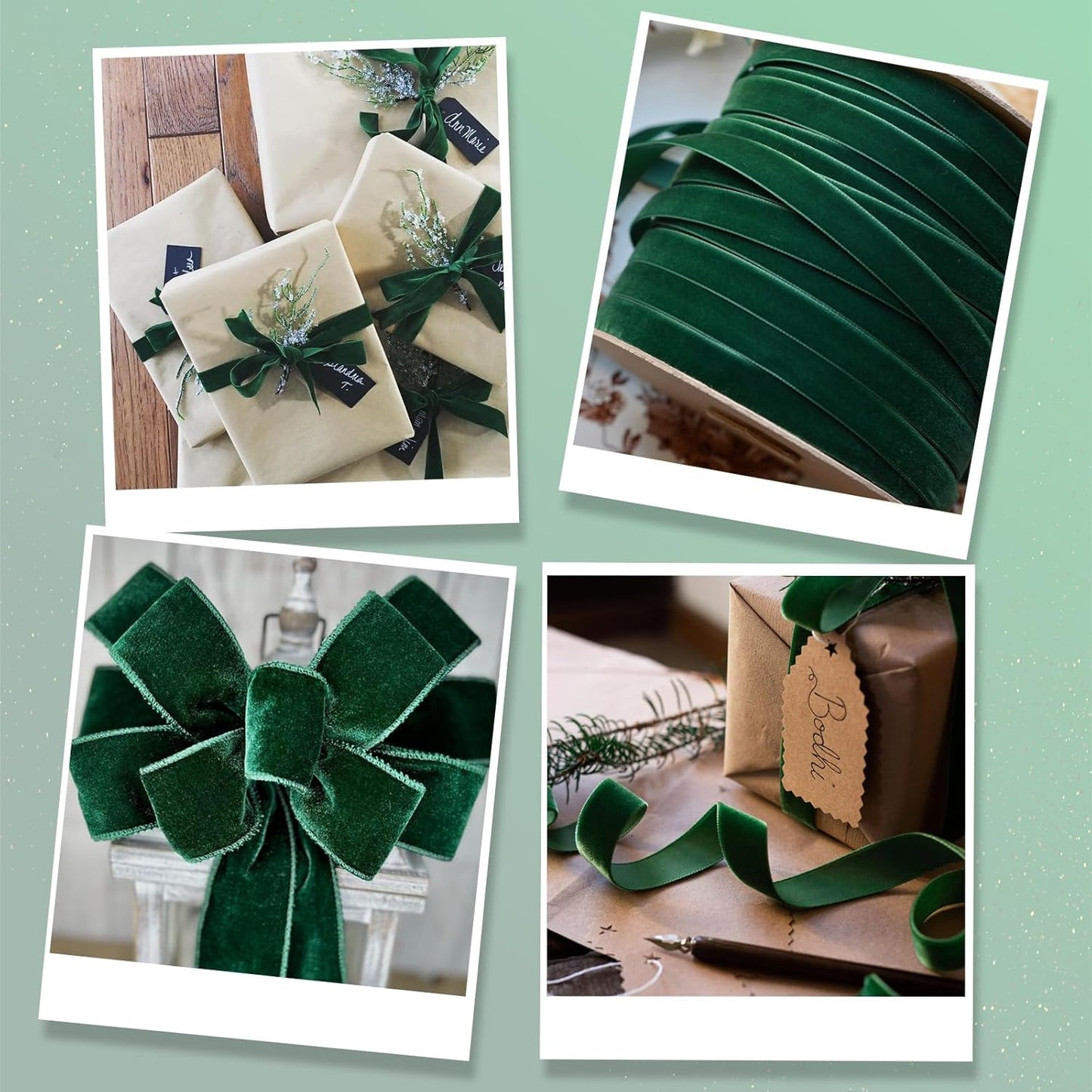 10Mm 25 Yards Velvet Ribbon Green for Christmas Crafts, Gift Packaging, Wedding Decor, Xmas Wrapping Decorations