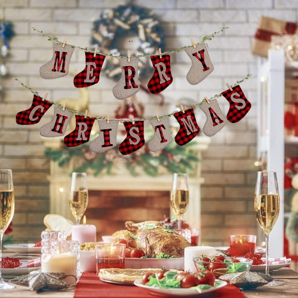 Merry Christmas Banners, XMAS Burlap Banners, Festival Flags Hanging Decorations, for Christmas Party Decorations Outdoor Indoor