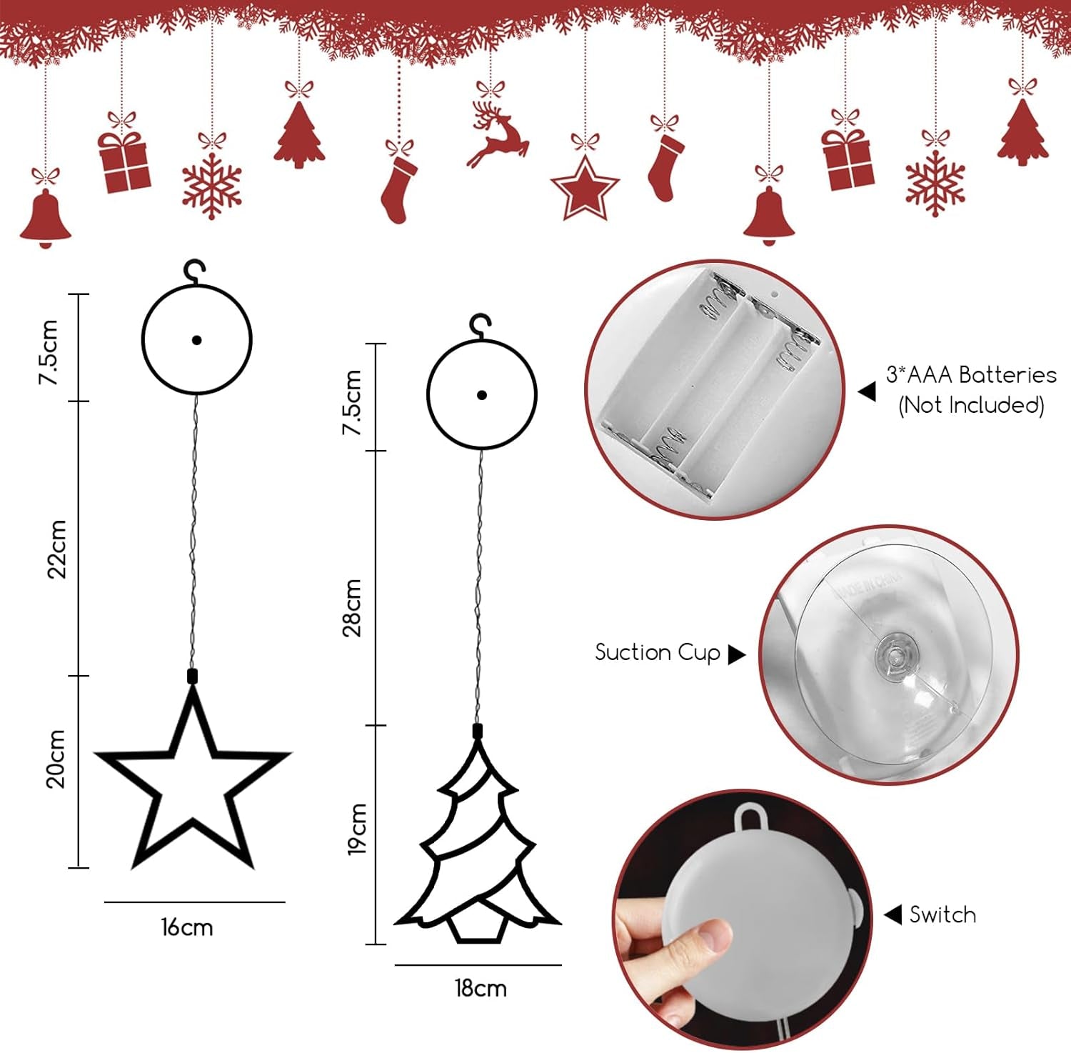 LED Christmas Window Light Stars and Christmas Tree, Twinkle Curtain Light Timer, Hanging Lights for Party Shop Window Xmas Decoration, Outdoor Indoor, Battery Powered(Warm Light)