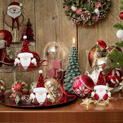 Set of 3 Red Christmas Gonk Decorations Mini Gnome with Sled Handmade Xmas Decor for Home Kitchen Farmhouse
