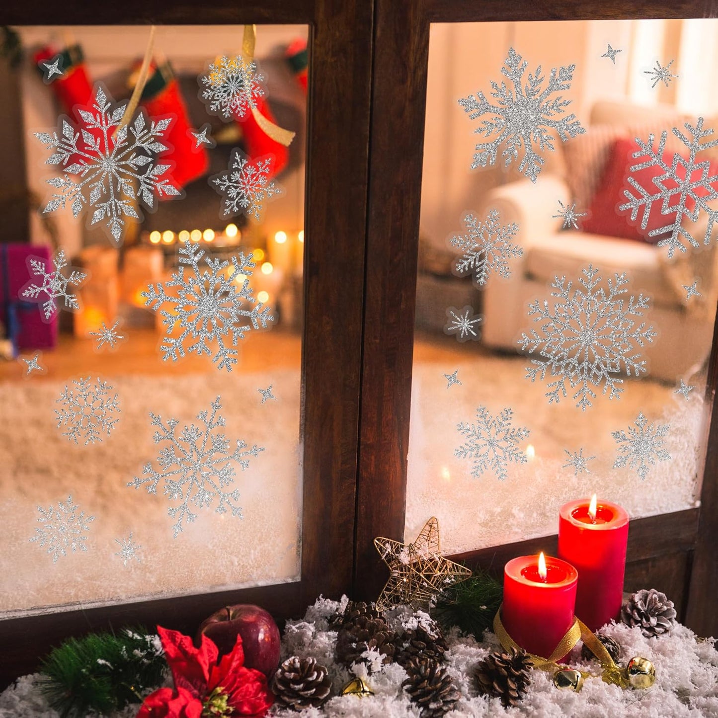 Christmas Snowflake Window Stickers over 300Pcs Silver Glitter Design - Removable and Reusable Christmas Window Clings Decoration - Ideal for Xmas Display and Decor
