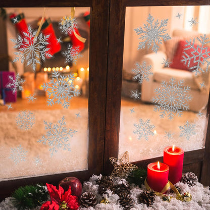 Christmas Snowflake Window Stickers over 300Pcs Silver Glitter Design - Removable and Reusable Christmas Window Clings Decoration - Ideal for Xmas Display and Decor