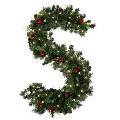 Christmas Garland Wreath with Pinecones Red Berries, Artificial LED Rattan Decoration for Xmas Tree, Stairs, Door, Home Decor