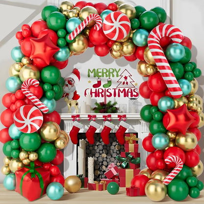 Christmas Balloons Garland Arch Kit, 154Pcs Christmas Garland with Red Green Gold Candy Cane Balloons Red Star Balloon Foil Balloon Arch for Xmas Party Decoration Supplies,Xmas Decorations for Indoors
