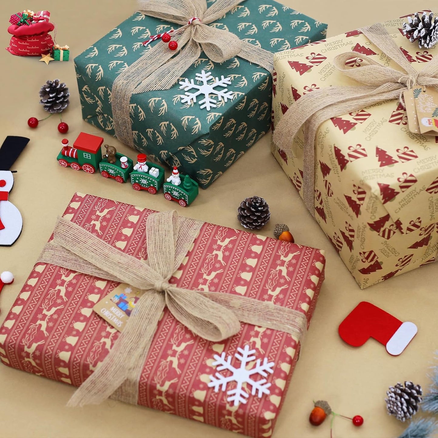 3M X 43Cm Christmas Wrapping Paper Roll, 5 Rolls Recyclable Kraft Paper for Xmas Gift Boxes Decoration (5 Festive Patterns)