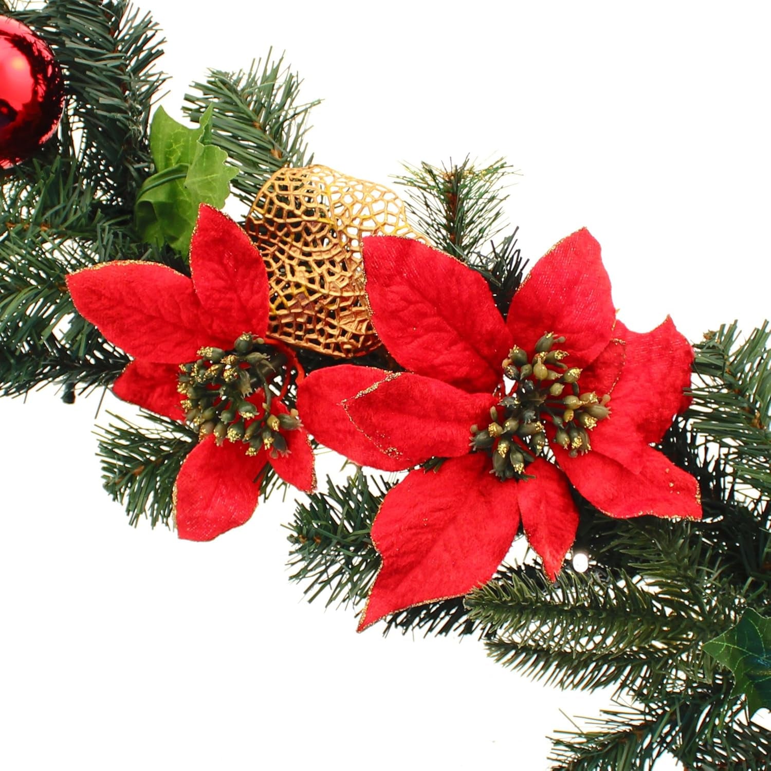 Pre-Lit Decorated Garland Illuminated with 40 Warm White LED Lights, 9 Feet - Red/Gold