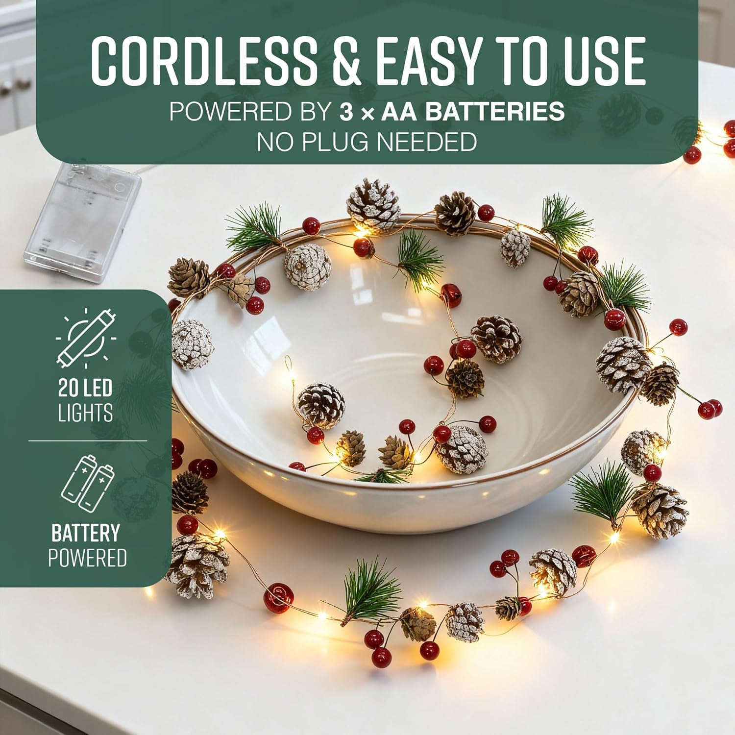 2M Christmas Garland with 20 LED Lights – Pre-Lit Decoration for Fireplace, Stairs, and Indoor Home Décor – Xmas Garland for Christmas Decorations