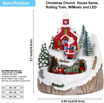Christmas Village Decoration with Moving Train & Santa Claus - LED Light-Up Musical Indoor Holiday Display Church House Theme