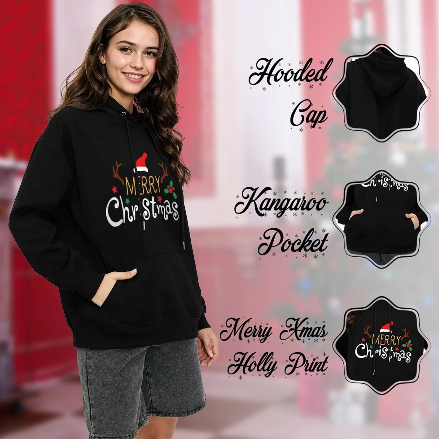 Womens Christmas Long Sleeve Pullover Hoodie Xmas Printed Sizes 8-22