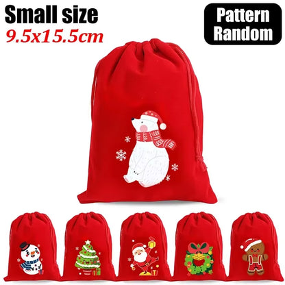 20/1Pcs Red Christmas Velvet Bags Drawstring Santa Gift Pouch Candy Snack Wrapping Bag Christmas Wedding Party Favors Decoration