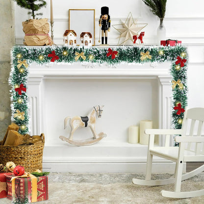 39 Feet Christmas Tinsel Garlands Decoration Christmas Tree Tinsel with 24 Red Bows, 24 Gold Bows and String Lights - Xmas Tinsel Garland for Festive Decor, Indoor and Outdoor Use