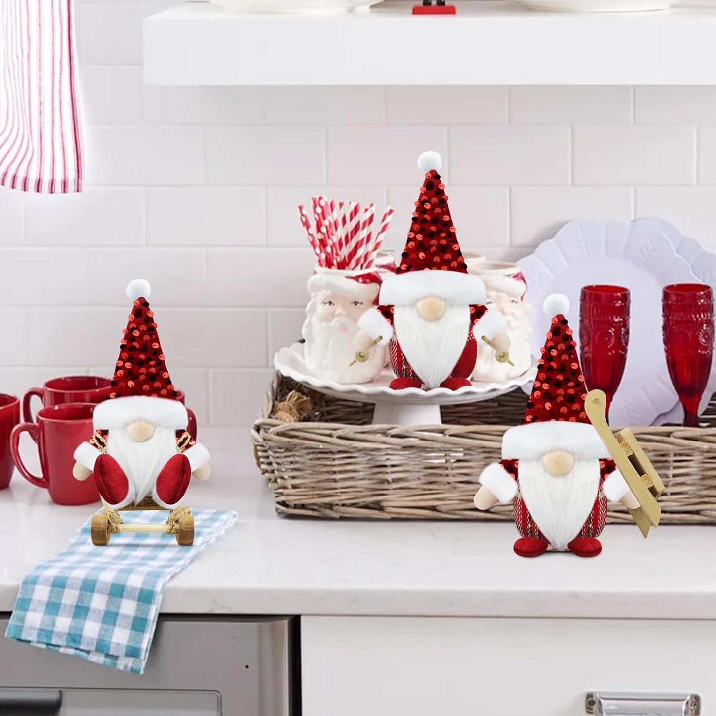 Set of 3 Red Christmas Gonk Decorations Mini Gnome with Sled Handmade Xmas Decor for Home Kitchen Farmhouse