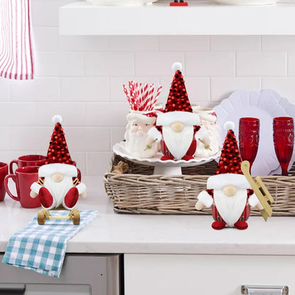 Set of 3 Red Christmas Gonk Decorations Mini Gnome with Sled Handmade Xmas Decor for Home Kitchen Farmhouse