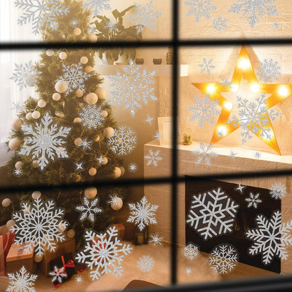 Christmas Snowflake Window Stickers over 300Pcs Silver Glitter Design - Removable and Reusable Christmas Window Clings Decoration - Ideal for Xmas Display and Decor