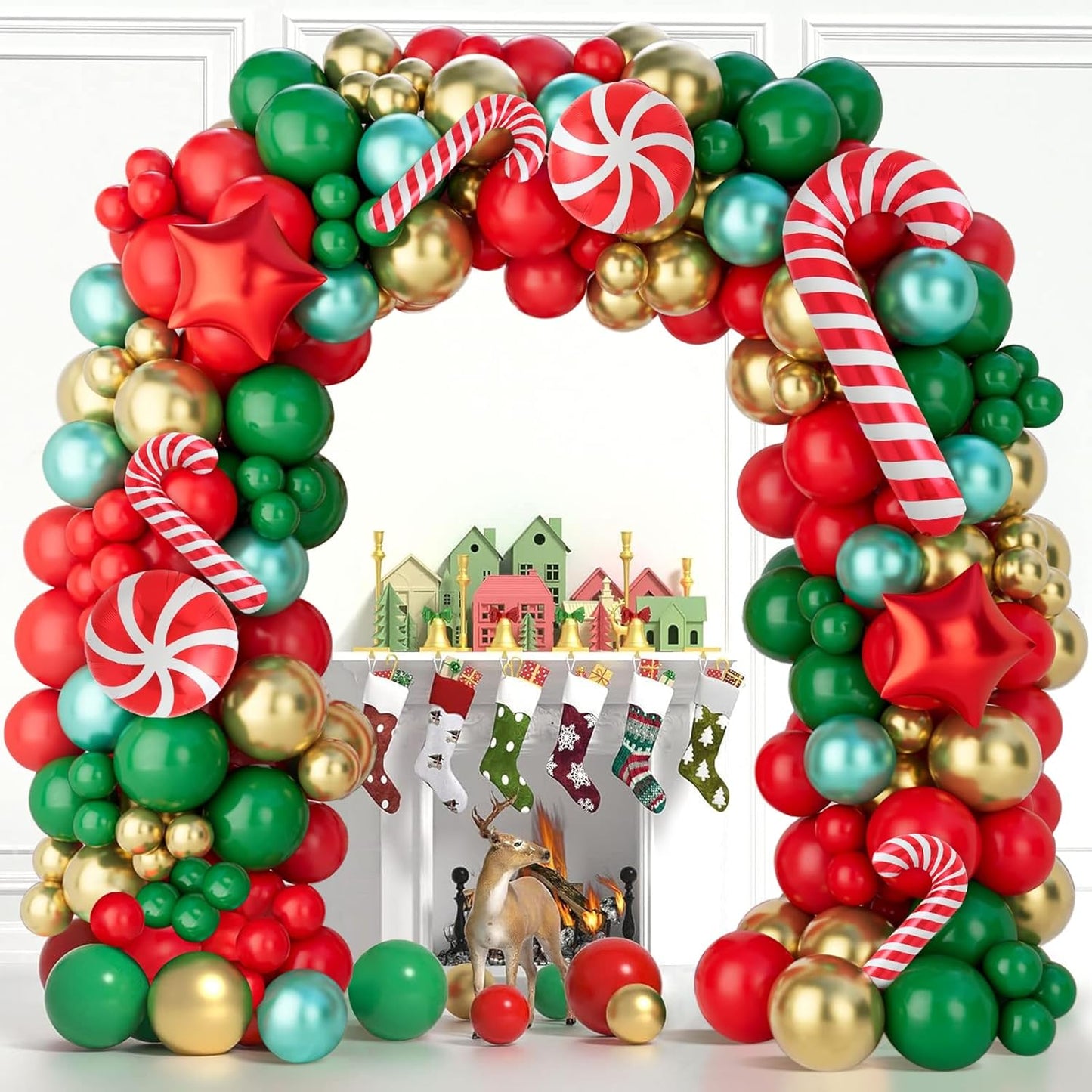 Christmas Balloons Garland Arch Kit, 154Pcs Christmas Garland with Red Green Gold Candy Cane Balloons Red Star Balloon Foil Balloon Arch for Xmas Party Decoration Supplies,Xmas Decorations for Indoors