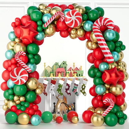 Christmas Balloons Garland Arch Kit, 154Pcs Christmas Garland with Red Green Gold Candy Cane Balloons Red Star Balloon Foil Balloon Arch for Xmas Party Decoration Supplies,Xmas Decorations for Indoors