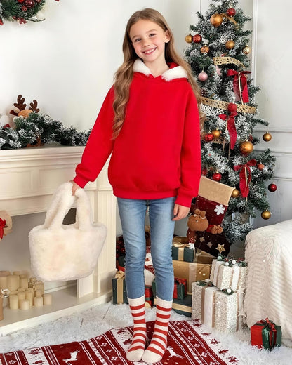 Kids Christmas Hoodie for Girls Red Hooded Sweatshirt Xmas Pullover Long Sleeve Solid Top Teen Clothes