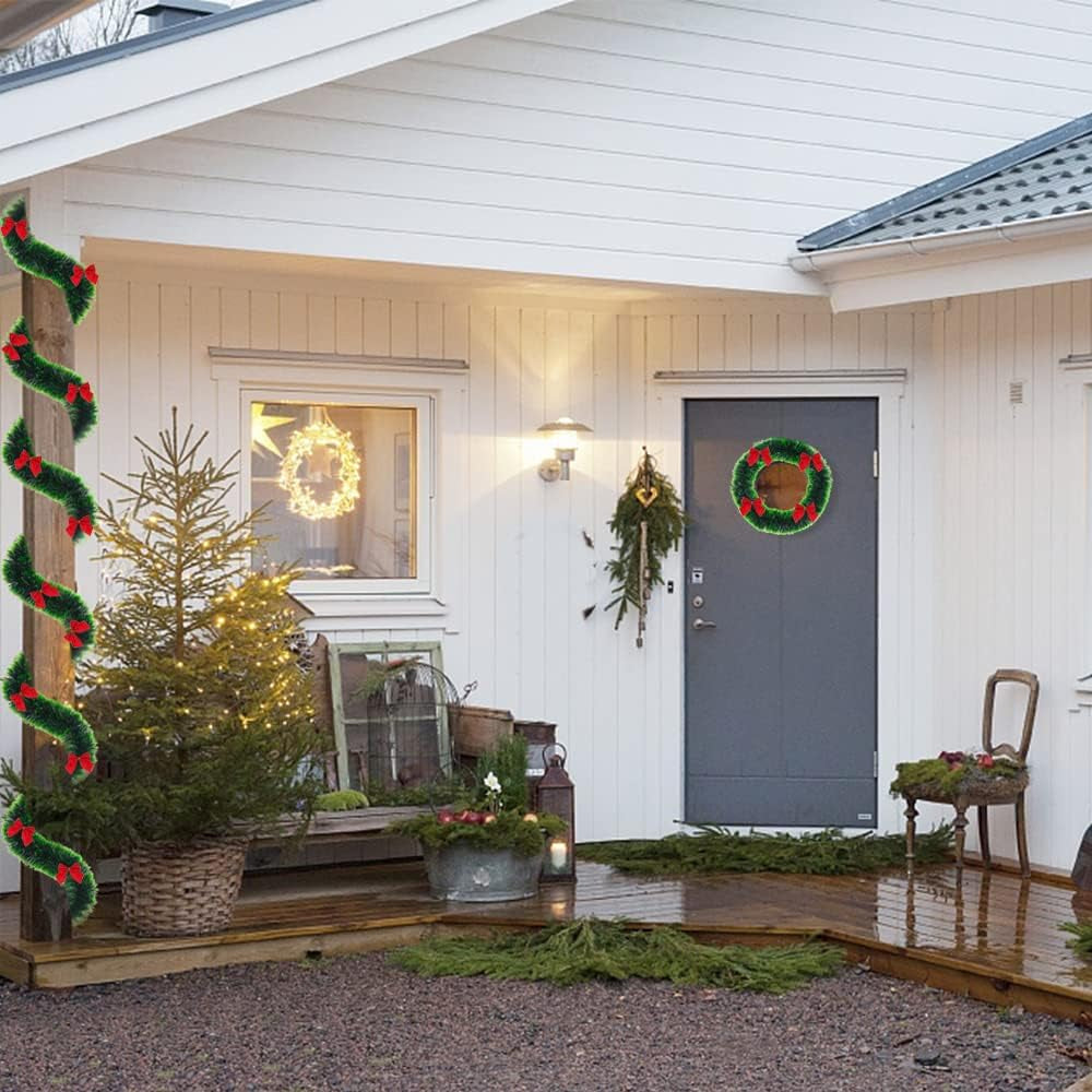 10M Christmas Garland Decorations, Xmas Garland with Bow Ornament for Fireplace Stairs Banister Indoor Outdoor Xmas Tree Decoration