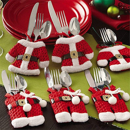 6X Christmas Cutlery Silverware Holders Pockets Knifes Forks Bag Santa Suit Xmas Party Dinner Table Decoration (Red)