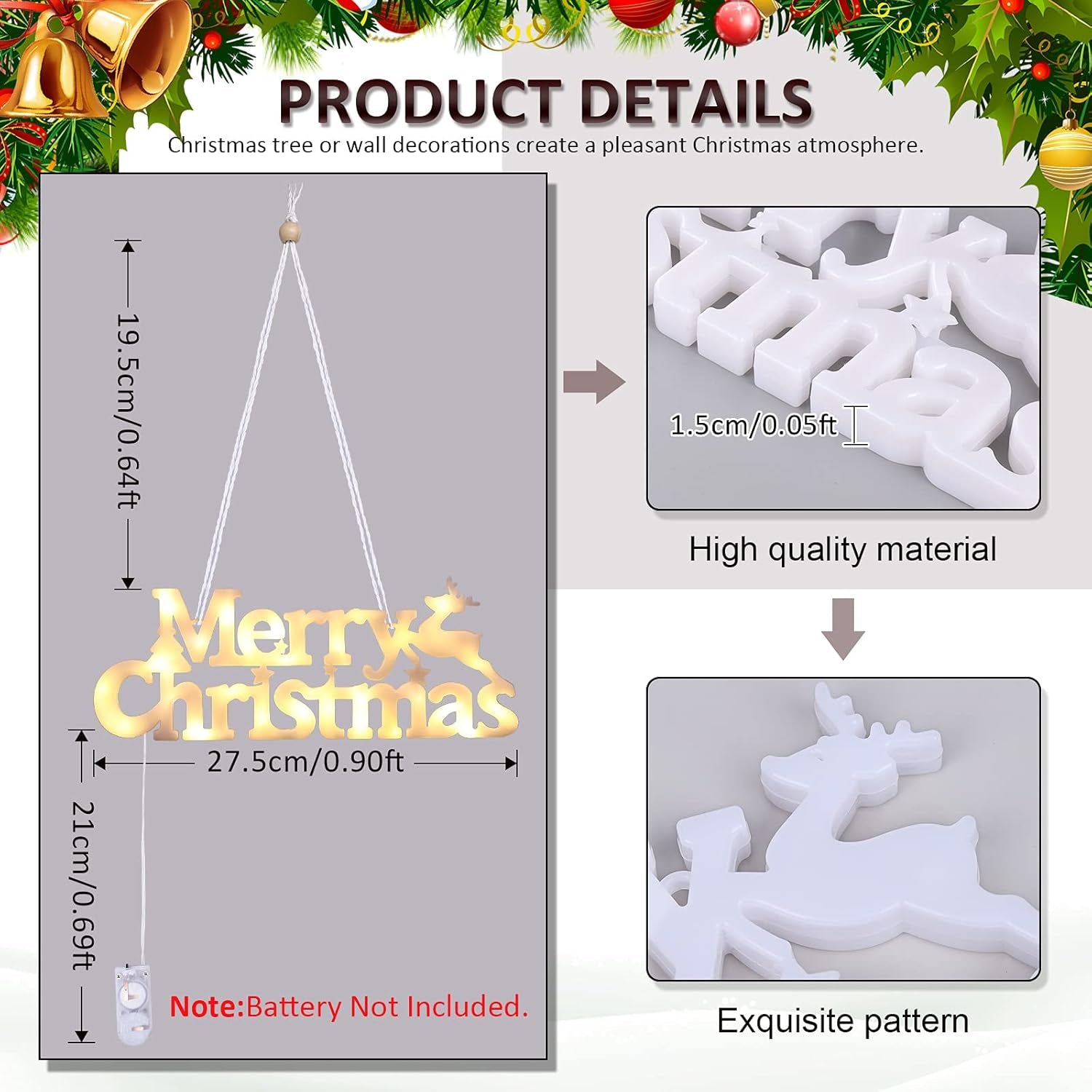 Merry Christmas Sign Lighted for Wreath LED Hanging Window Decorative Light Glowing Letter Sign Light up Board for Xmas Tree Wall Door Fireplace Indoor Outdoor, 2 Modes