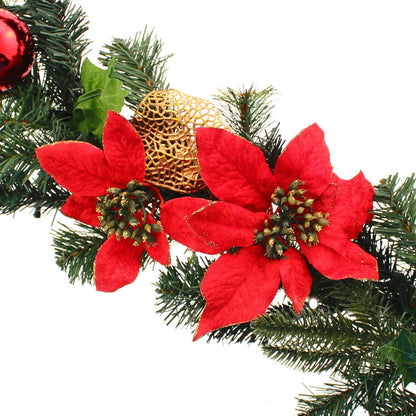 Pre-Lit Decorated Garland Illuminated with 40 Warm White LED Lights, 9 Feet - Red/Gold