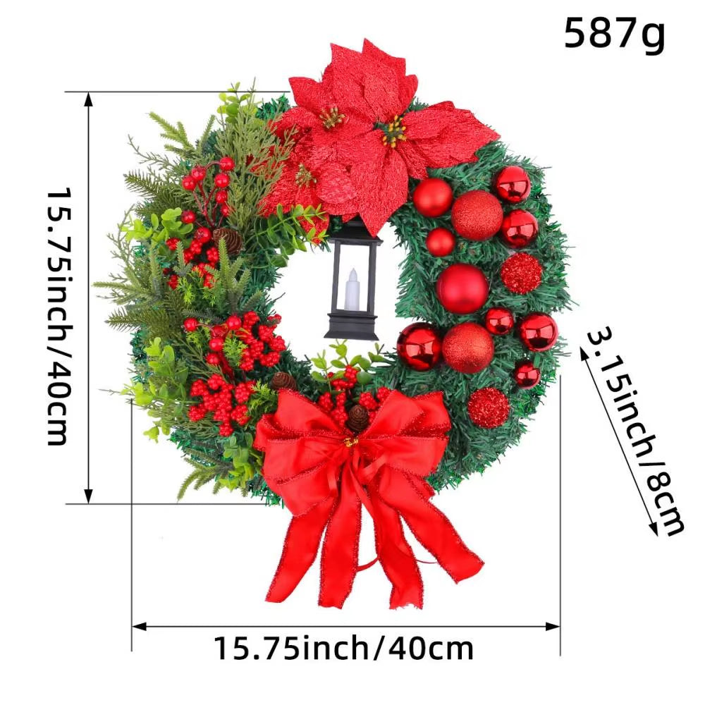 40Cm Big Red Flower Bow Ball Christmas Wreath with Oil Lamp Navidad Party Wedding Door Window Wall Fireplace Staircase Balcony