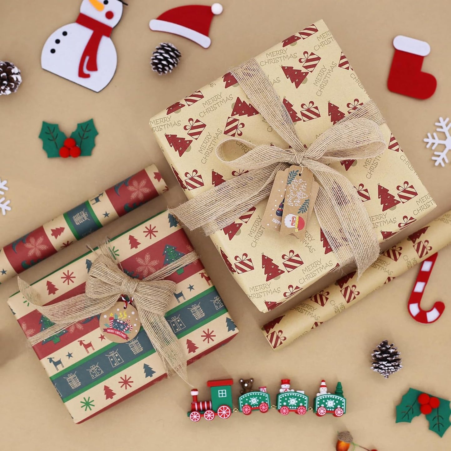3M X 43Cm Christmas Wrapping Paper Roll, 5 Rolls Recyclable Kraft Paper for Xmas Gift Boxes Decoration (5 Festive Patterns)