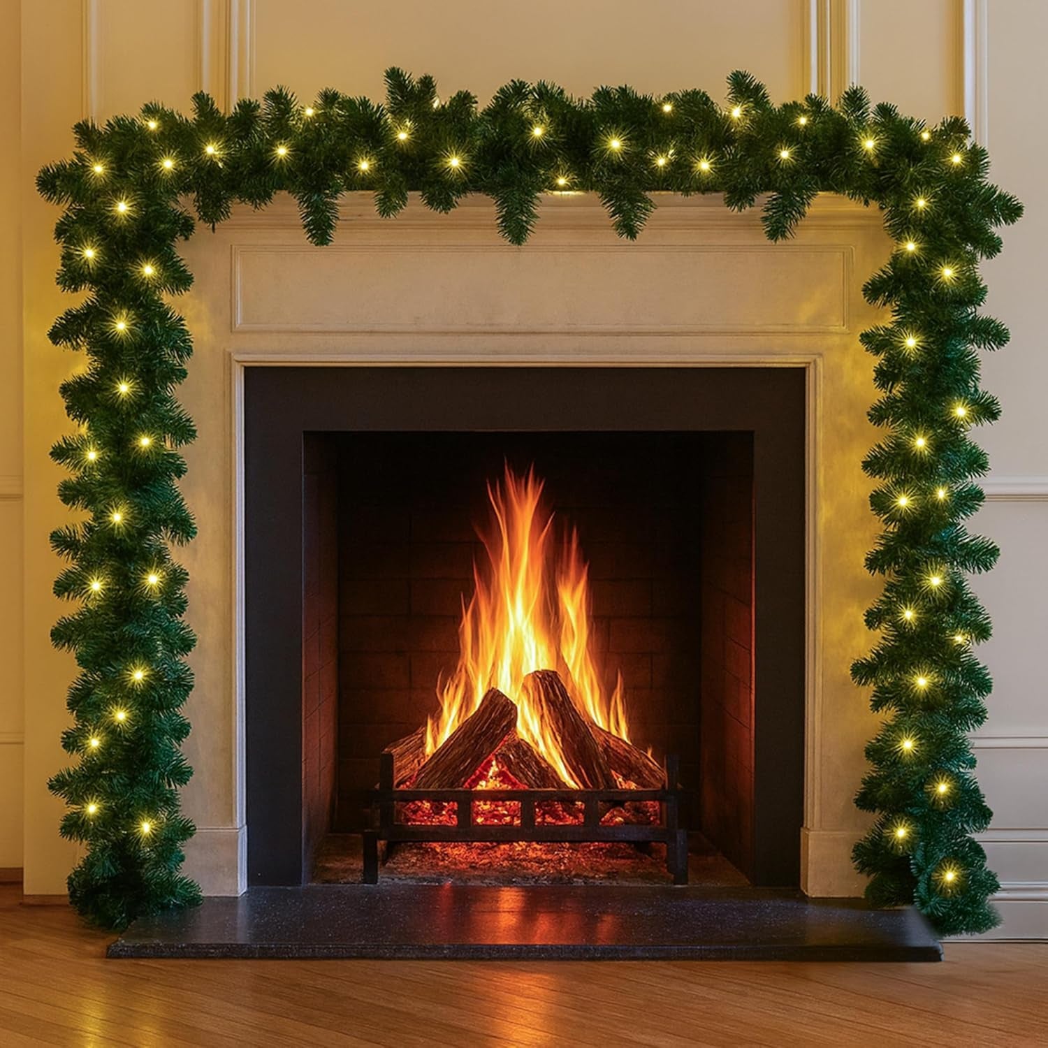 Christmas Garland with Lights 2.7M / 9FT – Pre-Lit Christmas Decoration with 70 Warm White Leds – Extra Thick Artificial Green Garland for Fireplace, Stairs, Doors & Table Décor (With Lights, 2.7M)