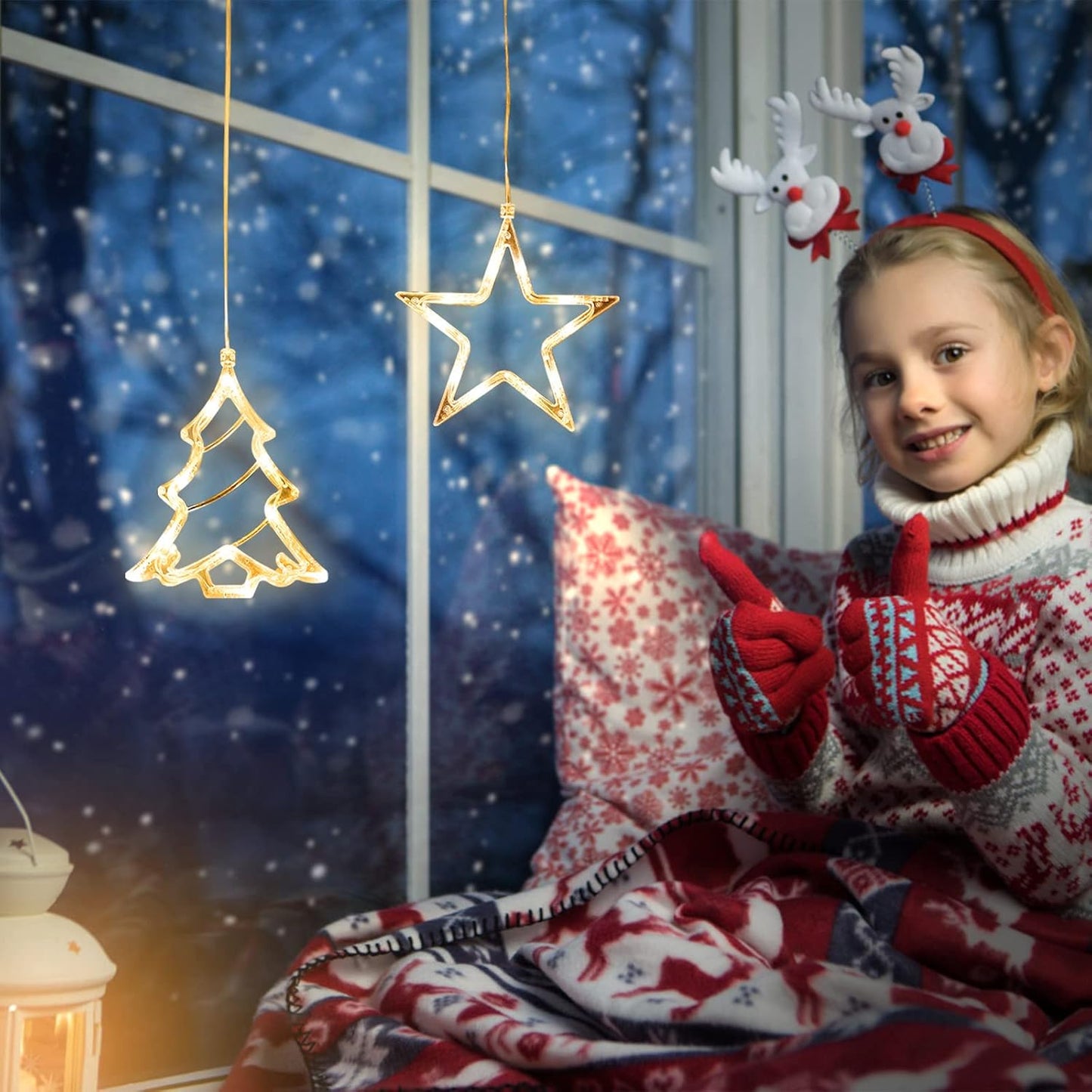 LED Christmas Window Light Stars and Christmas Tree, Twinkle Curtain Light Timer, Hanging Lights for Party Shop Window Xmas Decoration, Outdoor Indoor, Battery Powered(Warm Light)