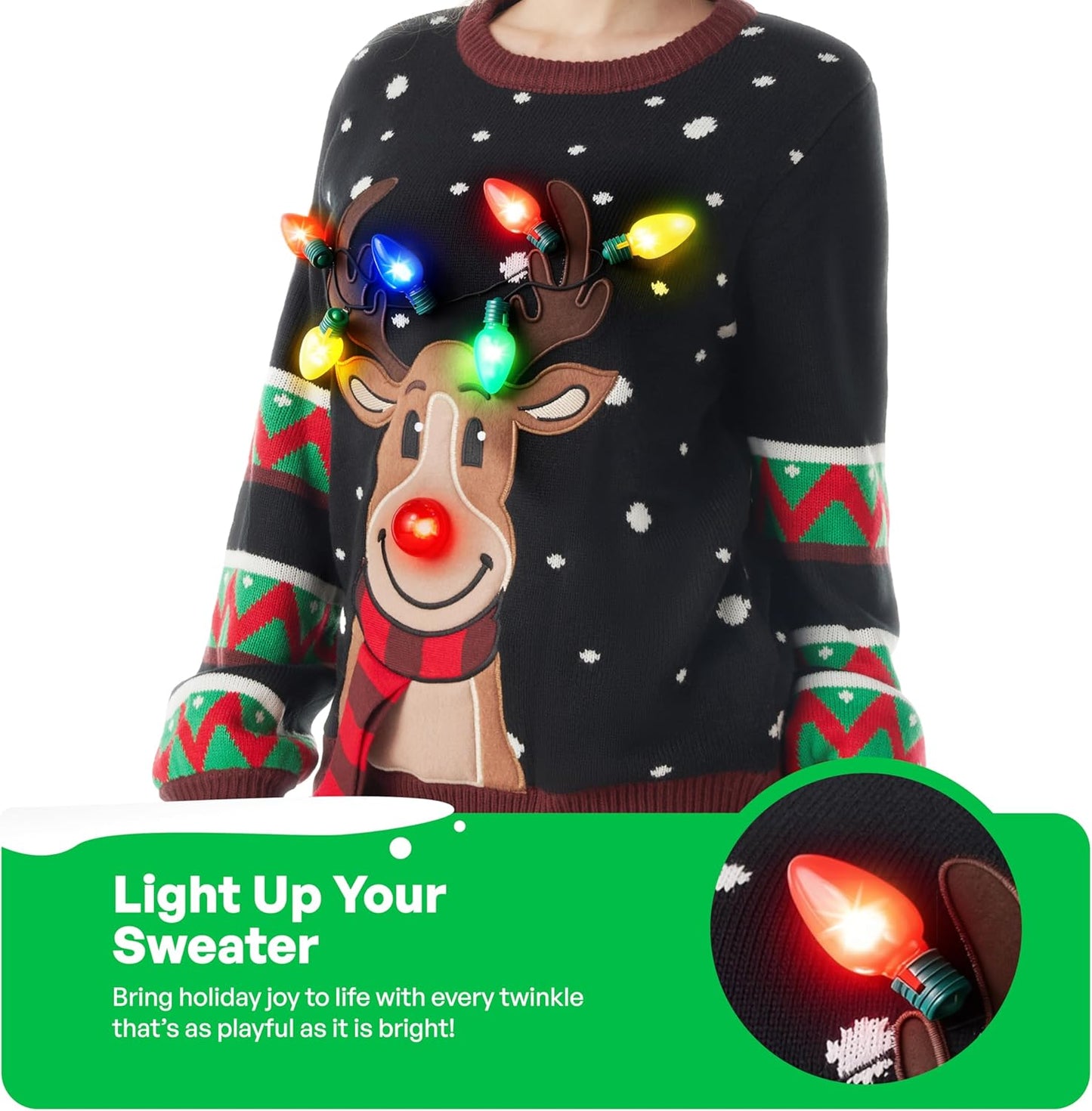LED Light up Reindeer Ugly Womens Christmas Jumper Built-In Light Bulbs Red Black Blue Xmas Long Sweater Top (S-XL)