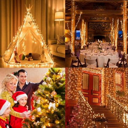 Christmas Cluster Lights 2.5M 200LED Christmas String Lights Battery Operated Fairy Light with 8 Modes Waterproof Xmas Tree Light for outside Indoor Decorations(Warm White)