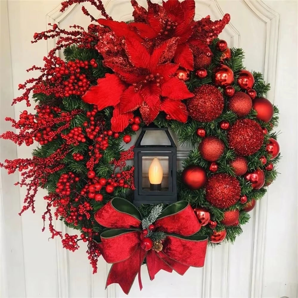 40Cm Big Red Flower Bow Ball Christmas Wreath with Oil Lamp Navidad Party Wedding Door Window Wall Fireplace Staircase Balcony