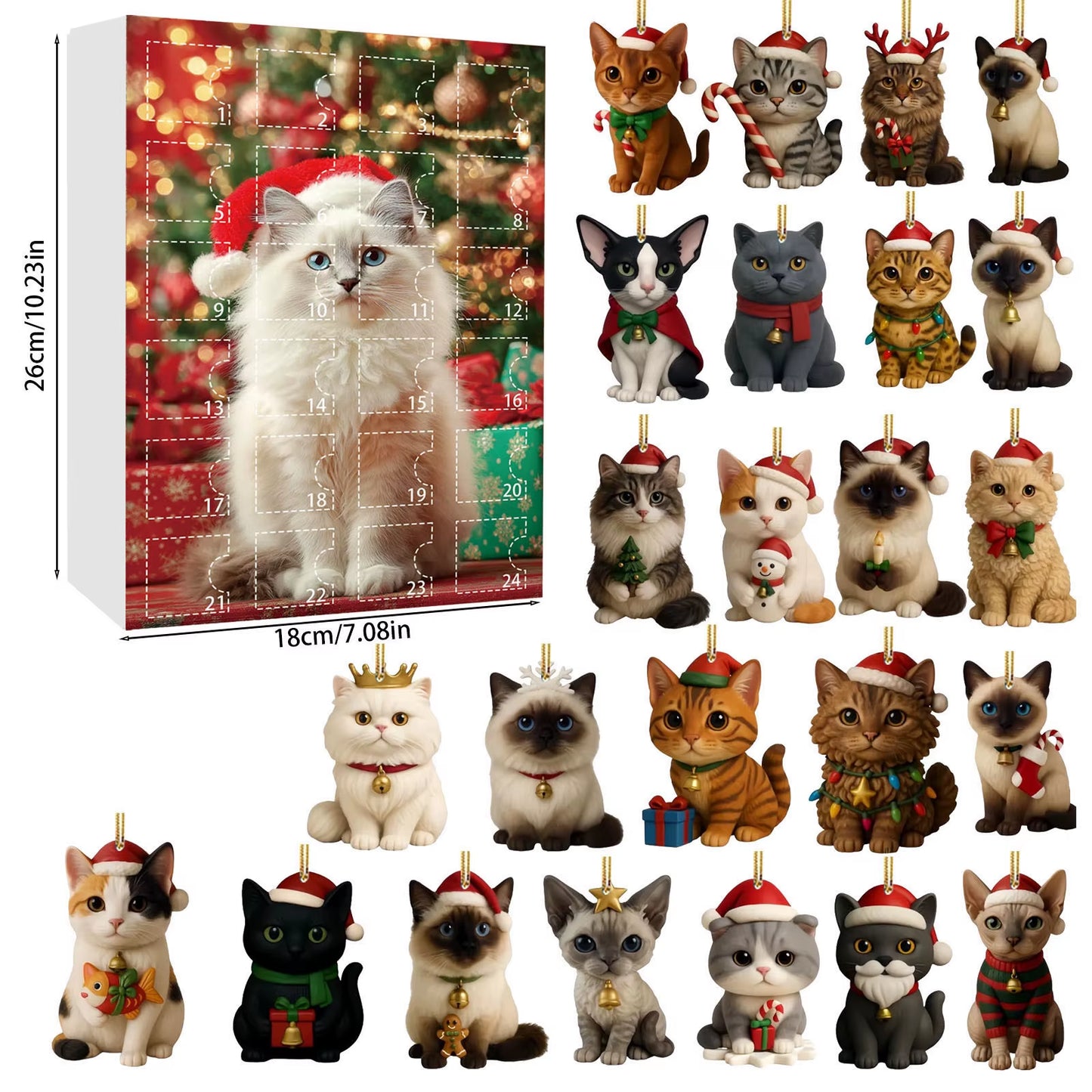 Cat Advent Calendar 2025 24 Days Christmas Countdown with 24 Different Breeds 2D Acrylic Cute Kitten Christmas Tree Ornaments