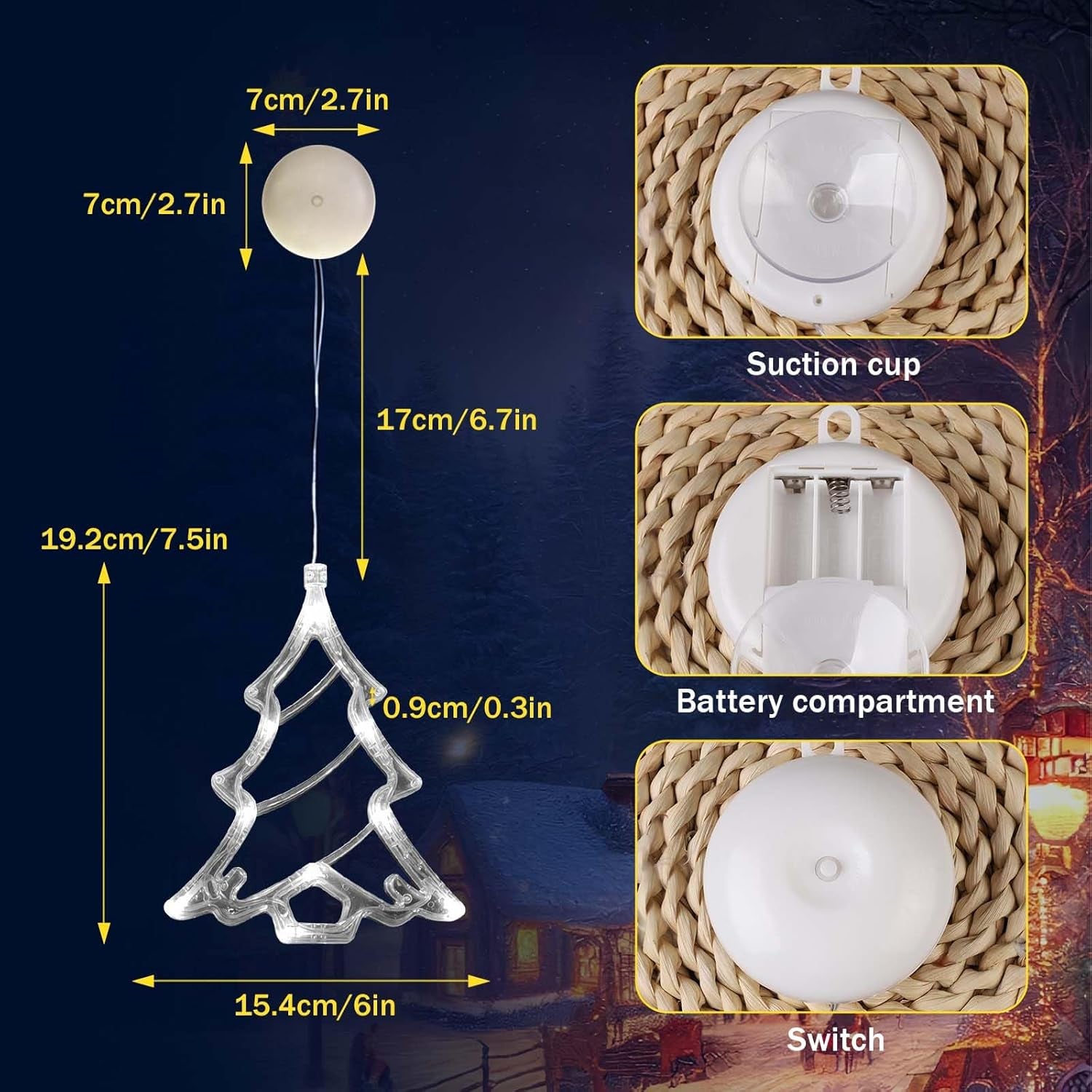 5 Pcs Suction Cup Lights – LED Christmas Window Lights Decorations (Deer, Christmas Tree, Snowflakes, Bells, Santa Claus) Battery Operated, Indoor Window Fairy Lights for Party, Balcony Decor