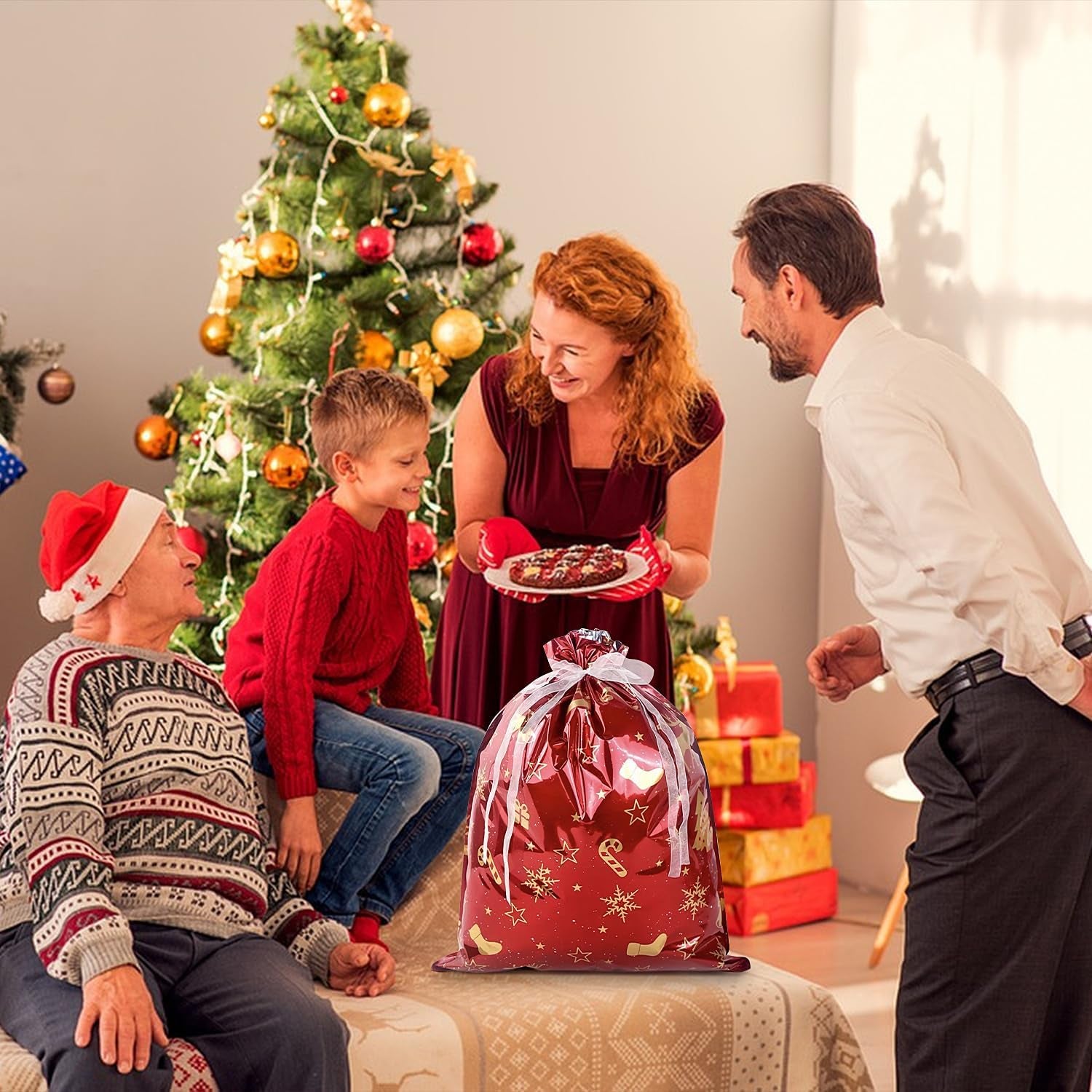 4 Pack Large Christmas Gifts Bags,39 * 51Cm Christmas Wrapping Bags,Red Gold Drawstring Gift Bags Multipack, Reusable Gift Bags for Presents Xmas Party