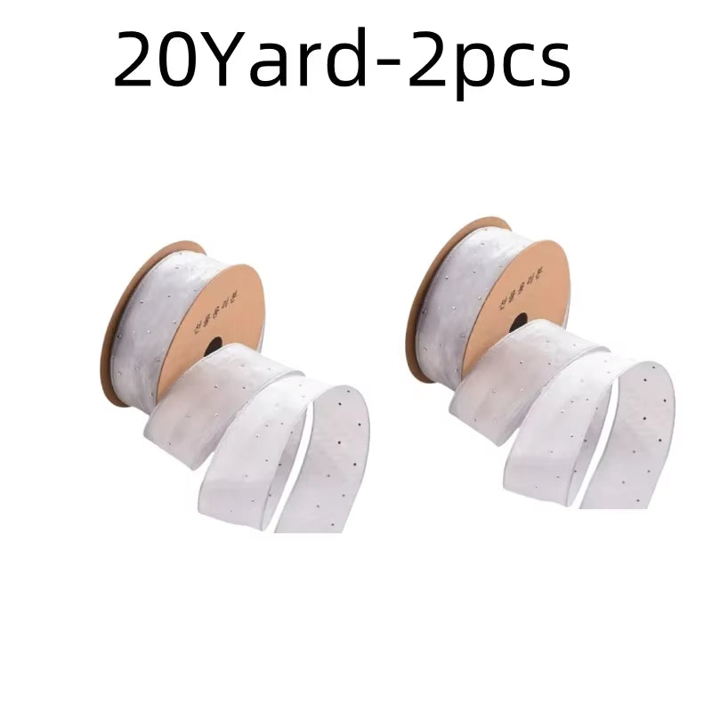 20Yards 4CM Silver Dots Organza Gauze Packaging Ribbon Tape Flower Gift Box Wrap Bow DIY Wedding Christmas Party Decoration