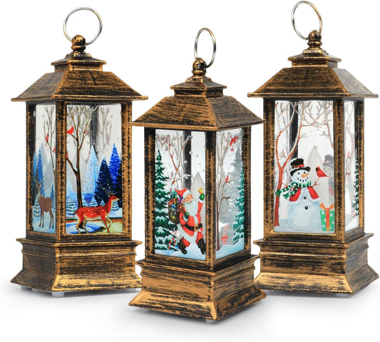 Christmas Lanterns, 3PCS Christmas Decorations Lights Vintage Xmas Candle with LED Tea Light Santa Claus Elk Snowman Pattern ,Fireless Candles Lamp for Party Decor Xmas Lantern Decorations