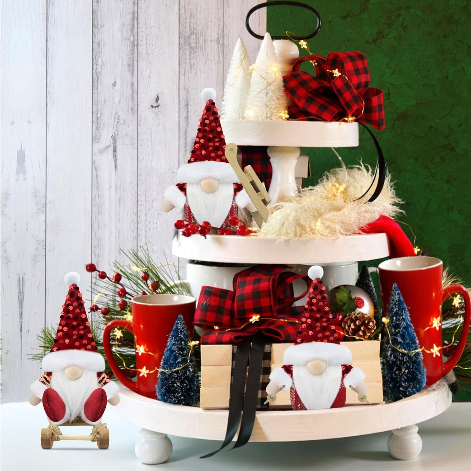 Set of 3 Red Christmas Gonk Decorations Mini Gnome with Sled Handmade Xmas Decor for Home Kitchen Farmhouse