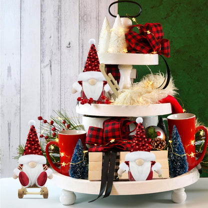 Set of 3 Red Christmas Gonk Decorations Mini Gnome with Sled Handmade Xmas Decor for Home Kitchen Farmhouse