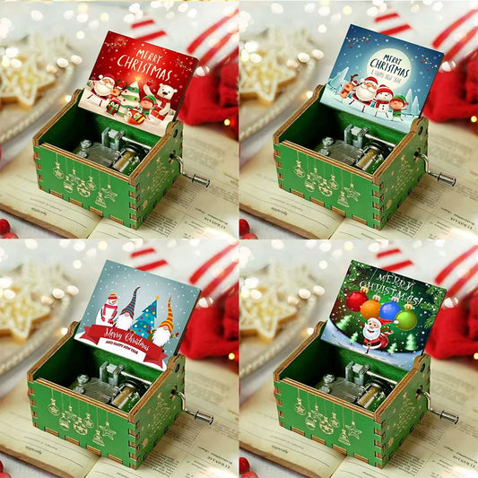 HOT Merry Christmas Music Box Wooden Antique Carved Hand Cranked Classic Theme Music for Birthday Party Gifts Family Decoration