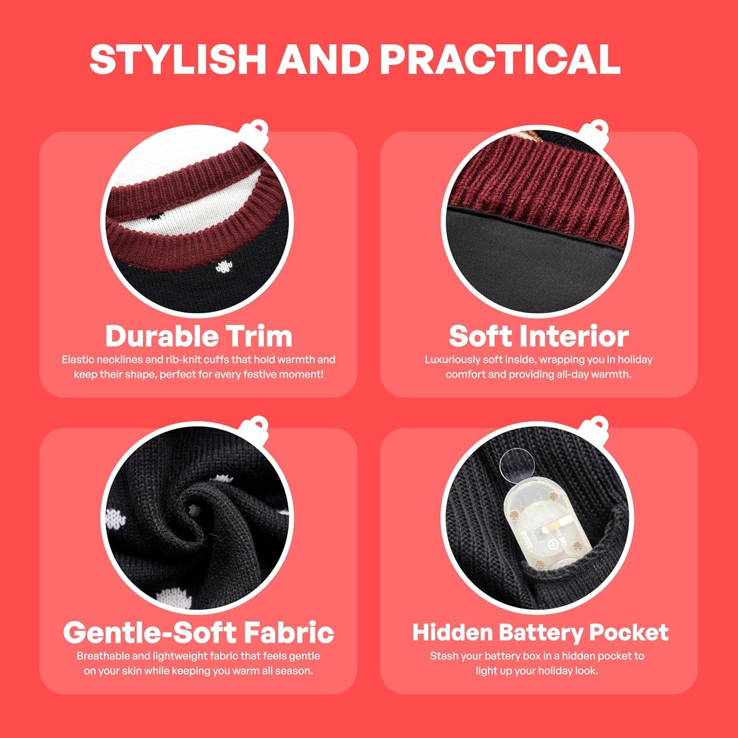 LED Light up Reindeer Ugly Womens Christmas Jumper Built-In Light Bulbs Red Black Blue Xmas Long Sweater Top (S-XL)