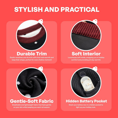 LED Light up Reindeer Ugly Womens Christmas Jumper Built-In Light Bulbs Red Black Blue Xmas Long Sweater Top (S-XL)