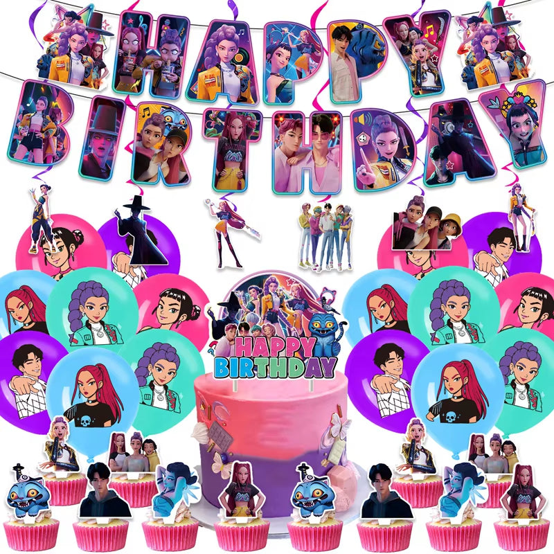 Hot Kpop Demon Birthday Party Decoration Huntrix Kpop Anime Birthday Party Supplies Hunter Group Cake Topper Balloons Decor Sets