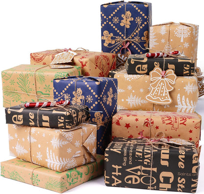 Christmas Wrapping Paper - Kraft Paper - 5 X 3M Xmas Wrapping Paper Rolls for Gifts Boxes Festival Winter Decorations - 43.2 Wide
