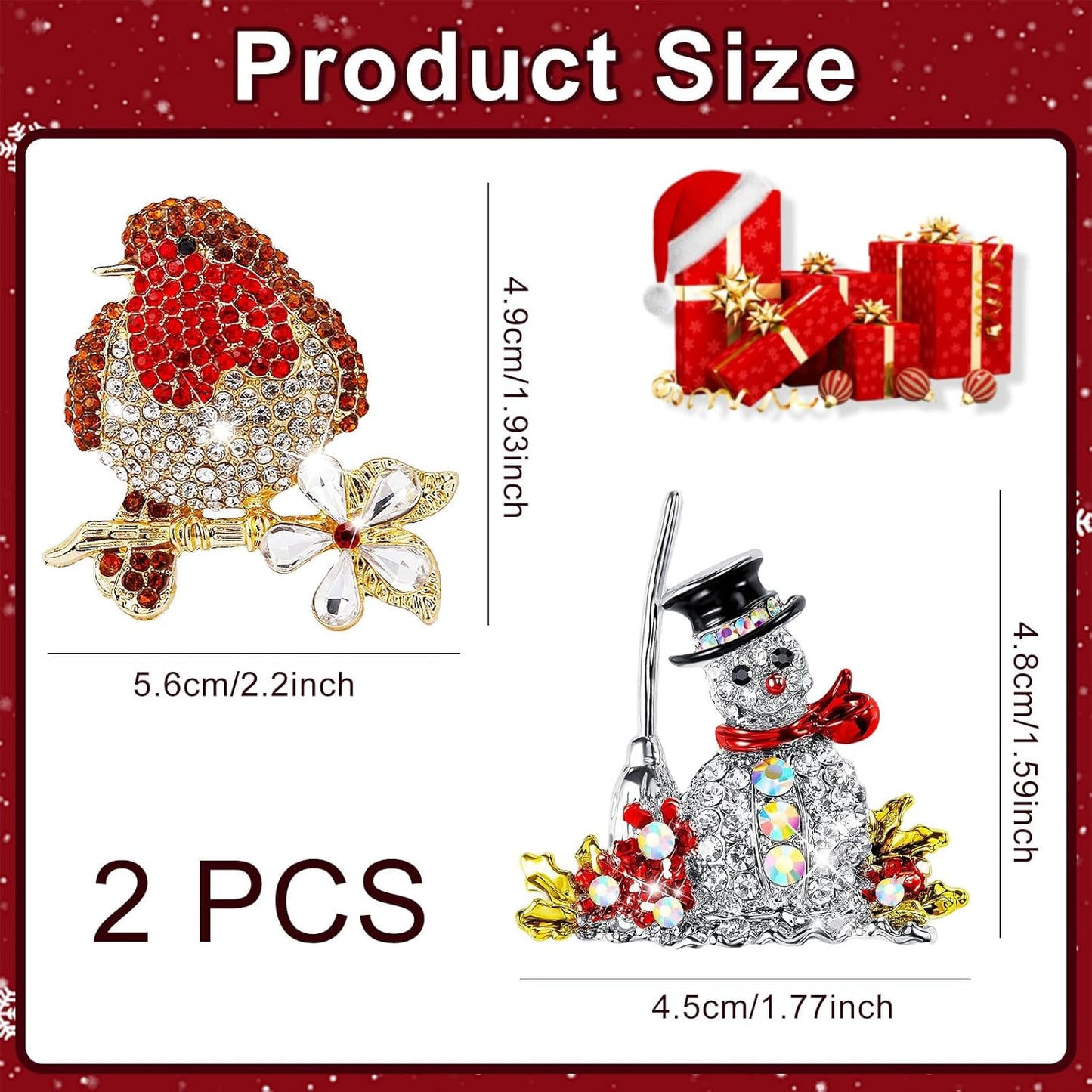 2 Pcs Christmas Brooches,Christmas Jewellery Lapel Decoration with Robin and Snowman Elegant for Women,Xmas Pin Badges with Rhinestone Crystal as Ornaments Gift for Xmas Theme Pary